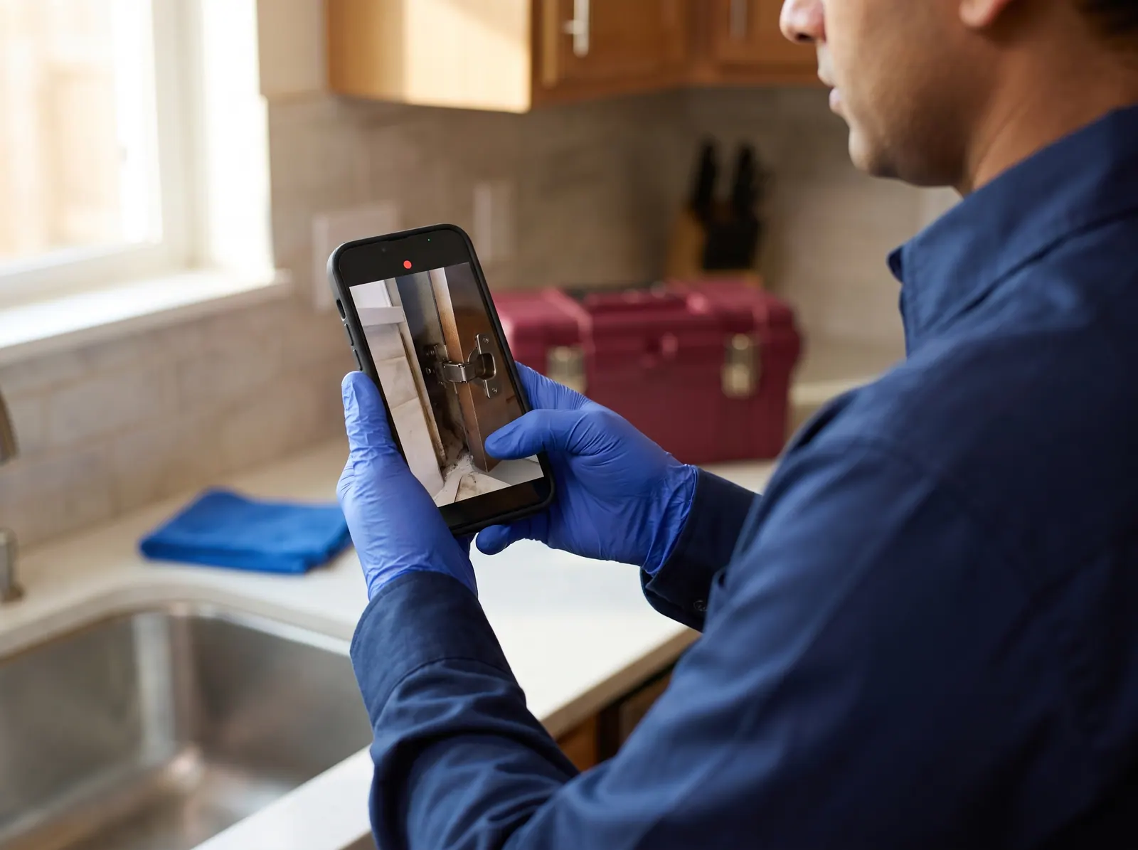 Gloved hands recording inspection video of a cabinet gap on a smartphone