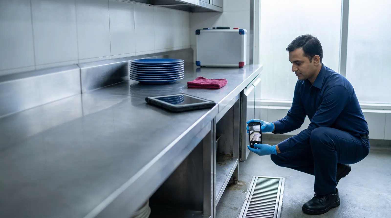 Technician photographing a kitchen floor drain with a smartphone during an inspection