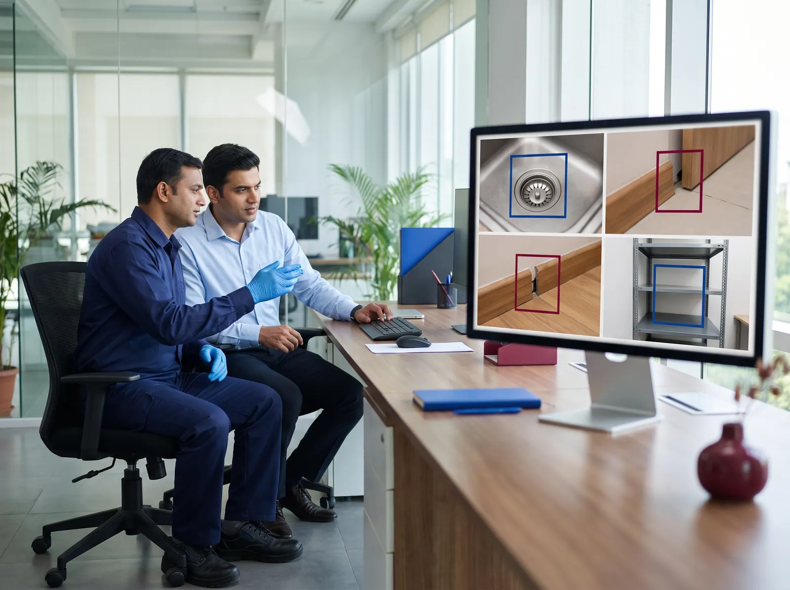 Supervisor and colleague reviewing inspection photographs on a monitor