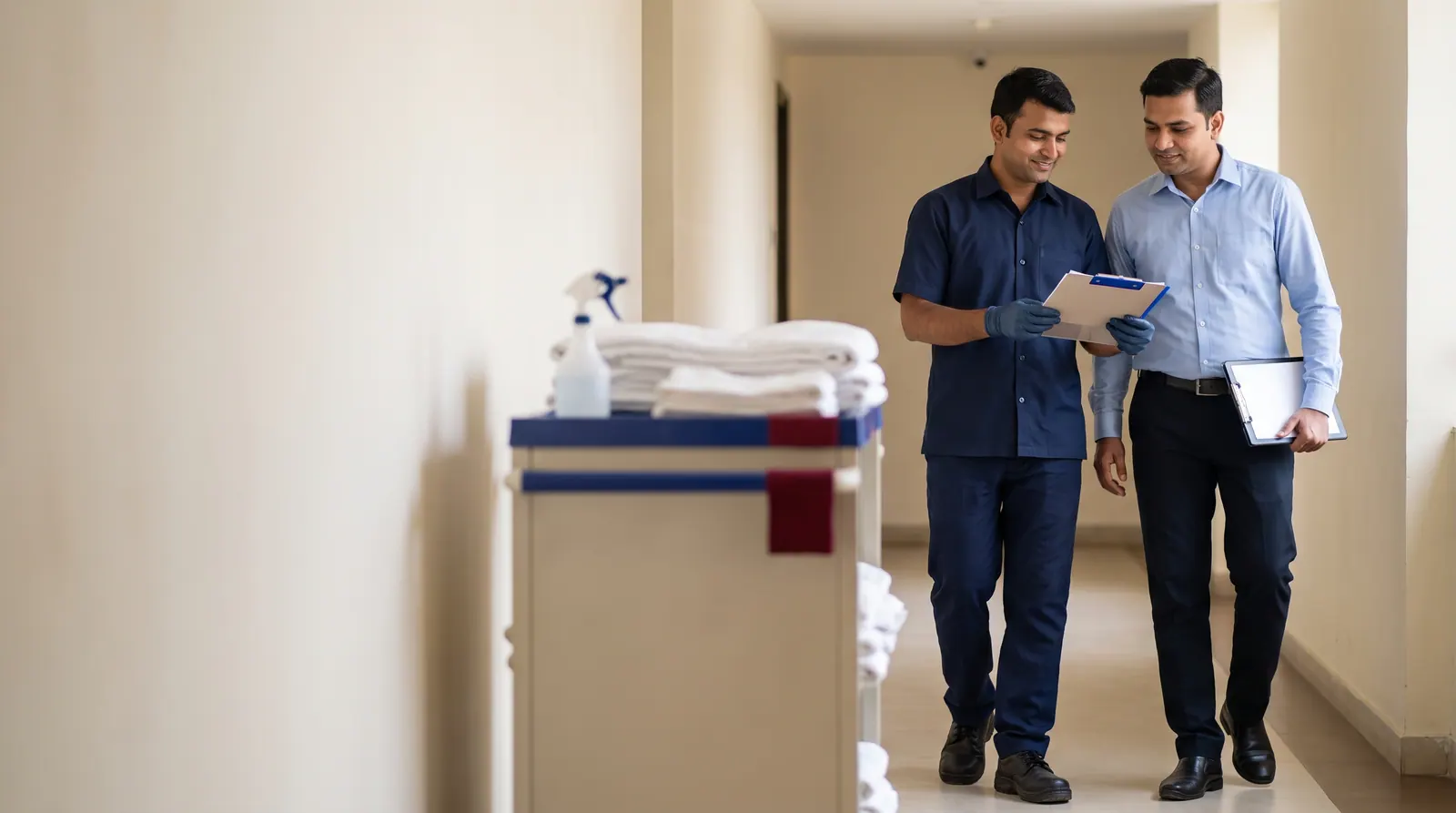 Technician and facility manager reviewing a monthly service schedule in a hotel corridor