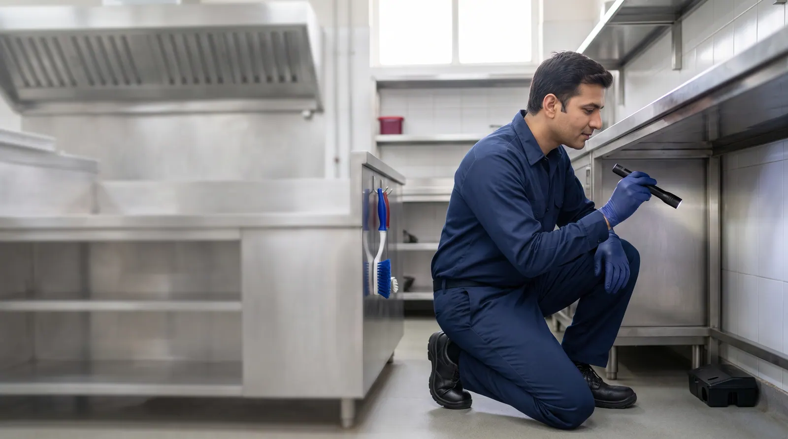 Technician checking under a stainless-steel counter in a hotel kitchen with a flashlight