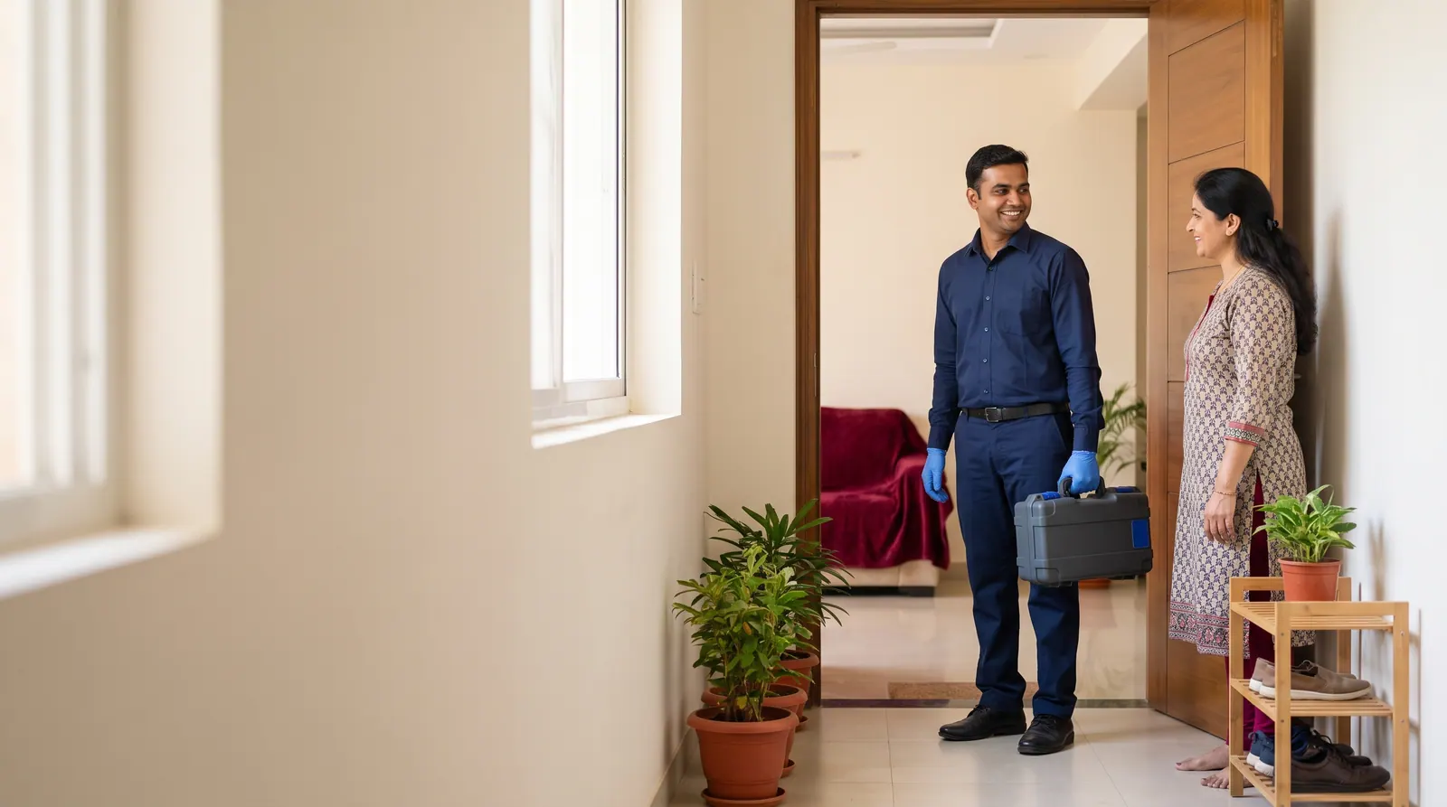 Friendly technician greeting a homeowner at the front door before an inspection