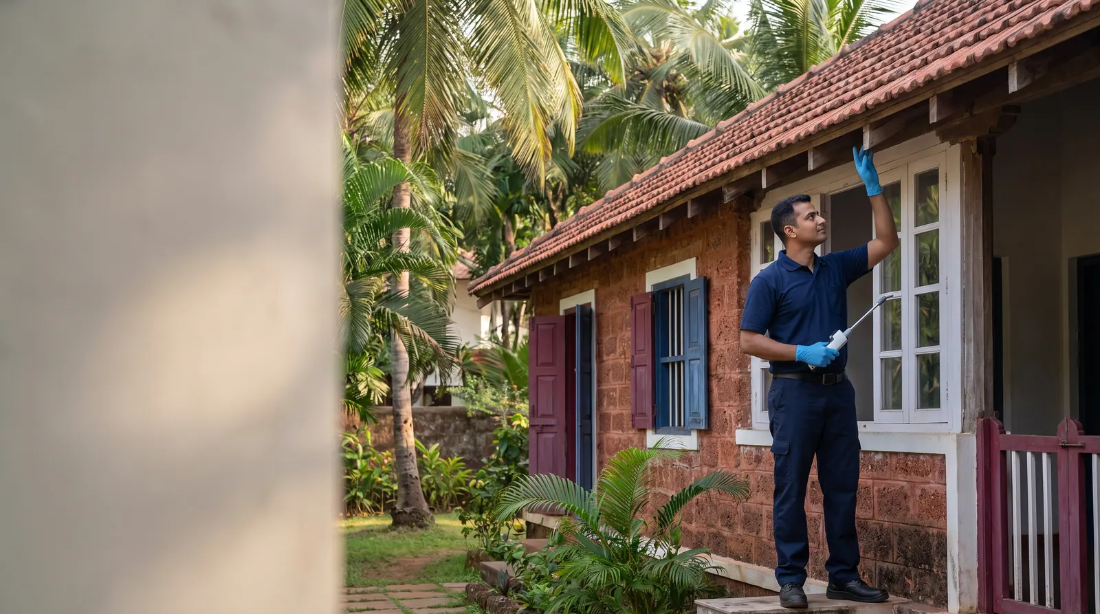 Technician inspecting the wooden window frames of a traditional Goan villa