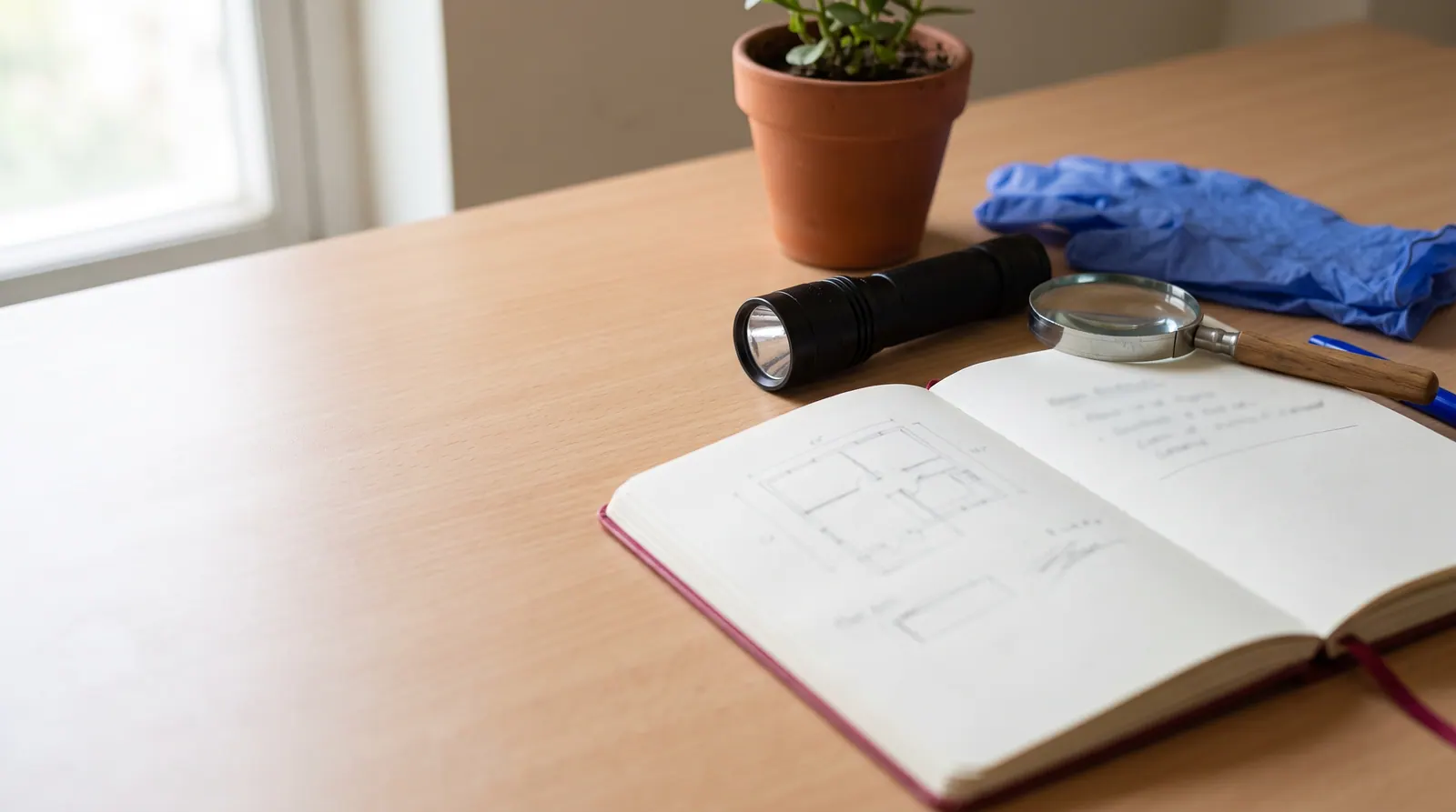 Notebook, flashlight, magnifier and gloves on a desk by a window