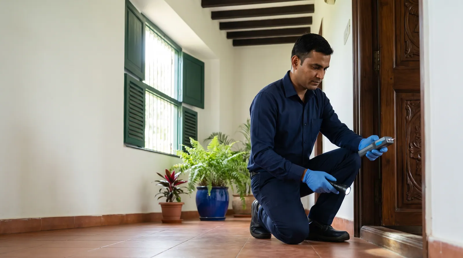 Technician inspecting the base of a teak door frame with a flashlight in a bright Goan living room