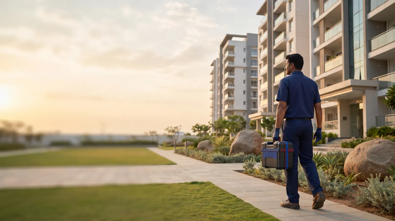 Technician walking towards an apartment tower in a Hyderabad gated community with granite boulders