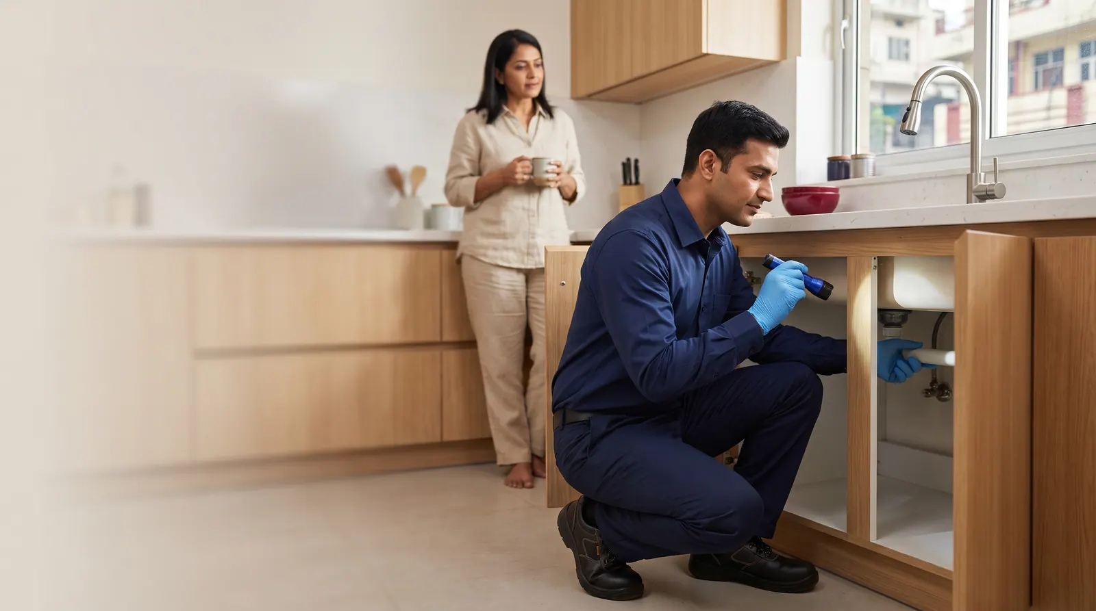 Technician inspecting under a kitchen sink while a homeowner watches in a modern apartment