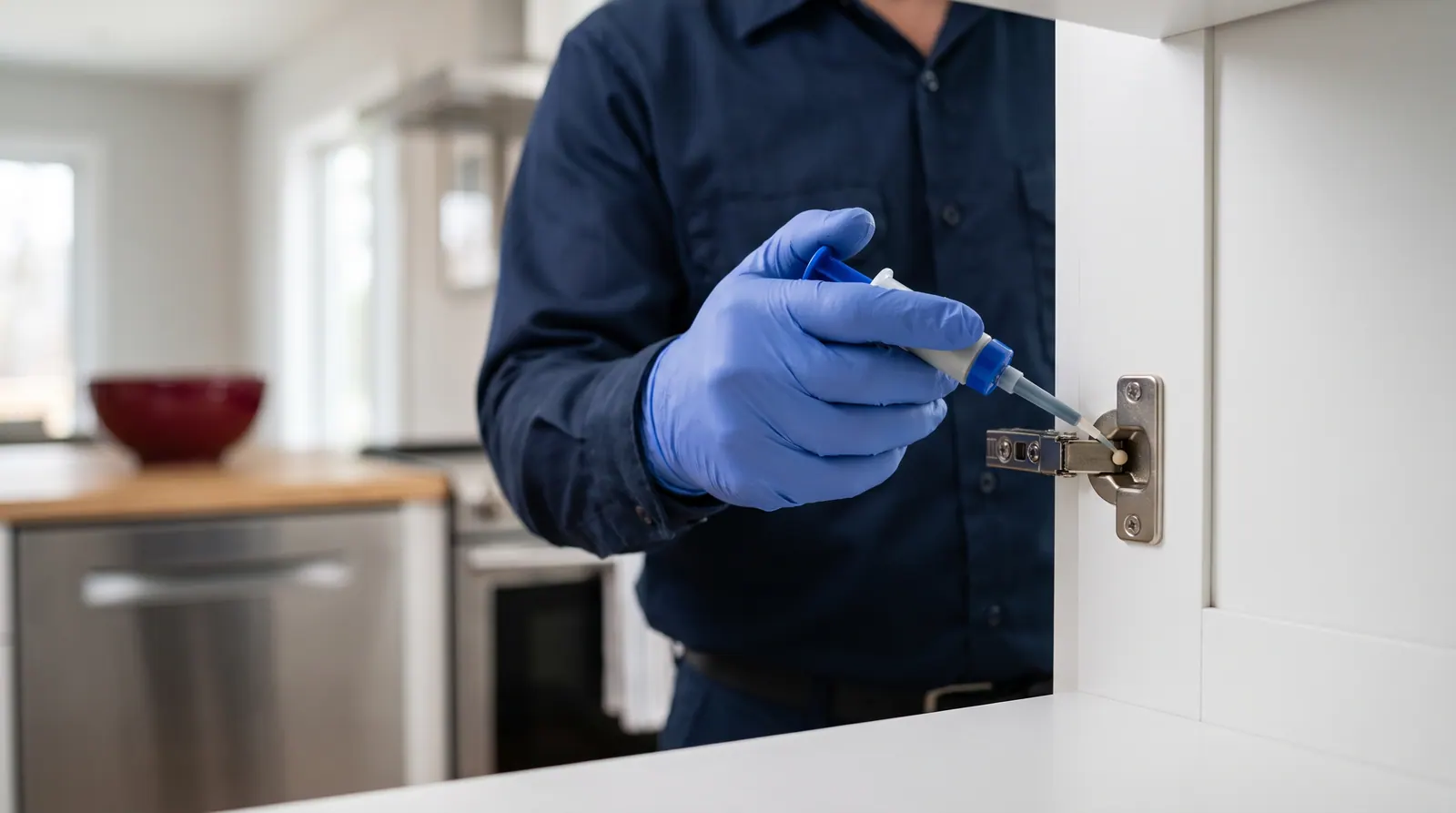 Close-up of a gloved hand applying a small dot of gel bait inside a cabinet hinge