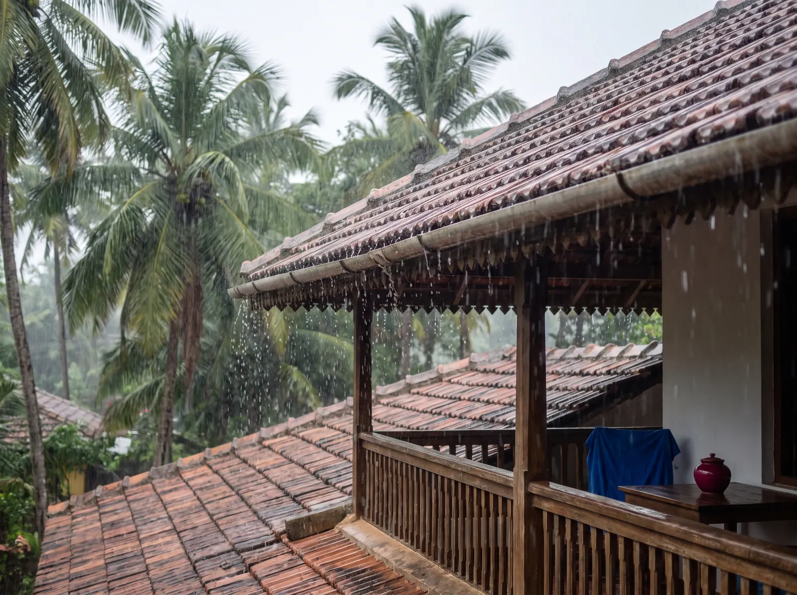 Monsoon rain pouring off the tiled roof of a traditional Goan house
