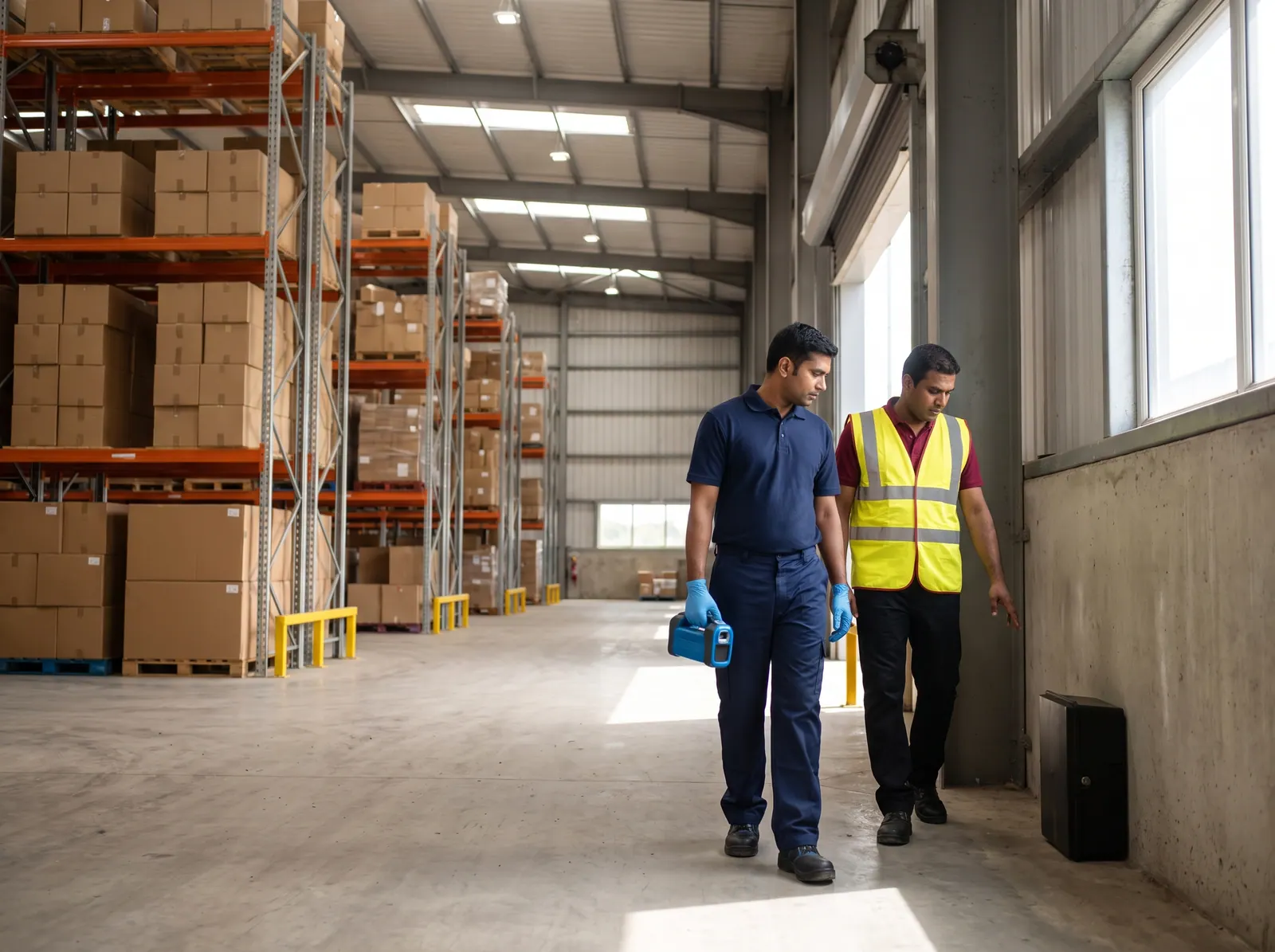 Technician and warehouse supervisor walking the perimeter checking bait station positions