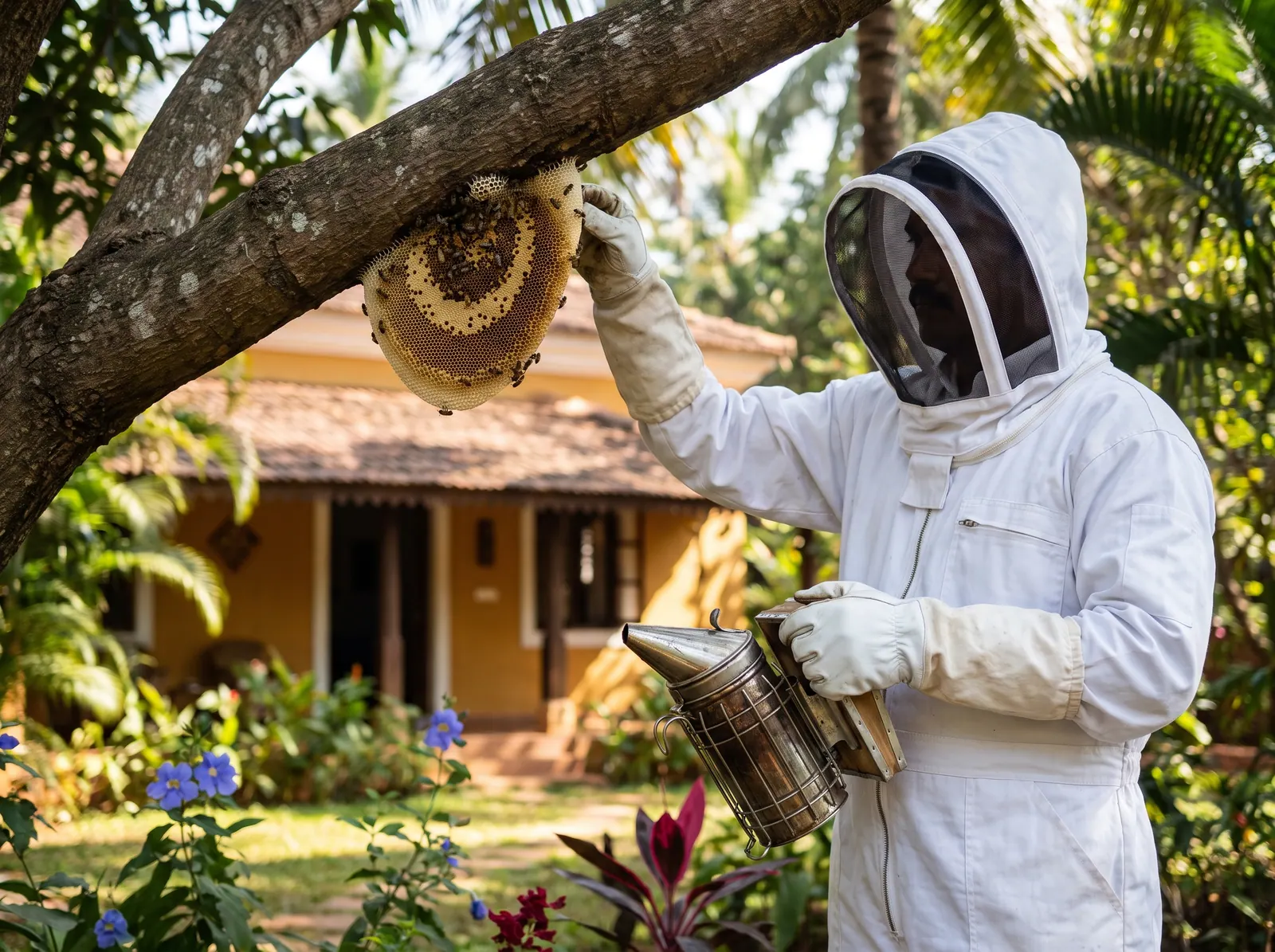 Technician in a full beekeeping suit carefully handling a honeybee comb on a tree branch