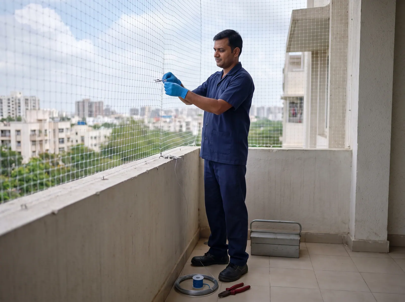 Technician installing transparent bird netting across an apartment balcony