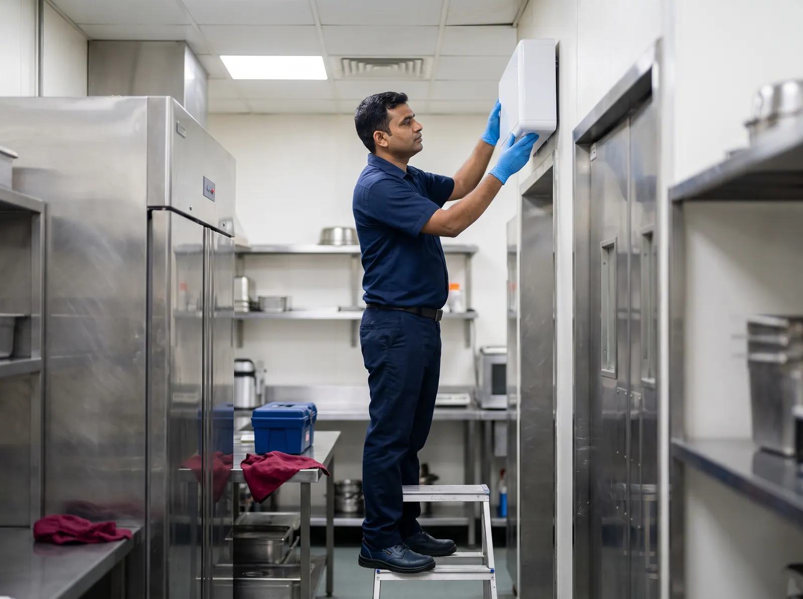 Technician mounting an insect light trap above a door in a commercial kitchen