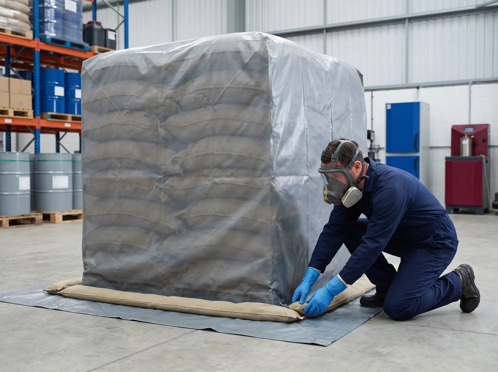 Technician checking the seal of a fumigation sheet over stacked goods in a warehouse