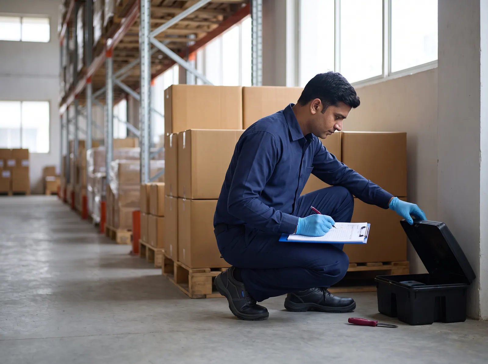 Technician checking a tamper-resistant rodent bait station in a warehouse aisle